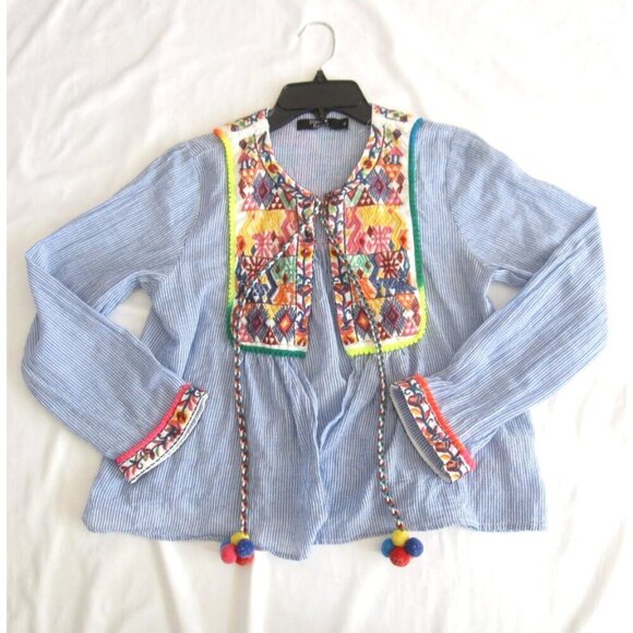 Paper Heart Tops - Paper Heart Embroidered Stripe Boho Jacket Festival Pom Pom Tassel Peasant Sz M